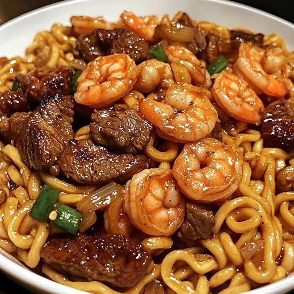Steak and Shrimp Garlic Noodles
