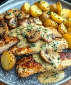 Creamy Garlic Mushroom Chicken with Roasted Baby Potatoes